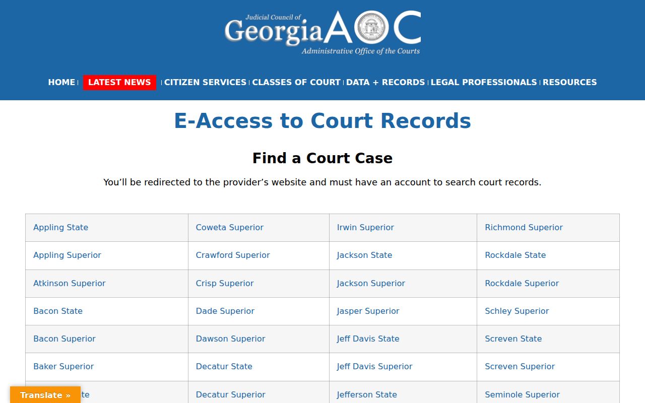 Georgia Courts E-Access directory routing Worth County cases to the official vendor