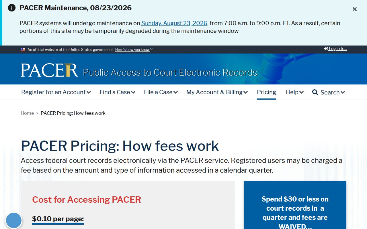 Sumner court records PACER federal pricing