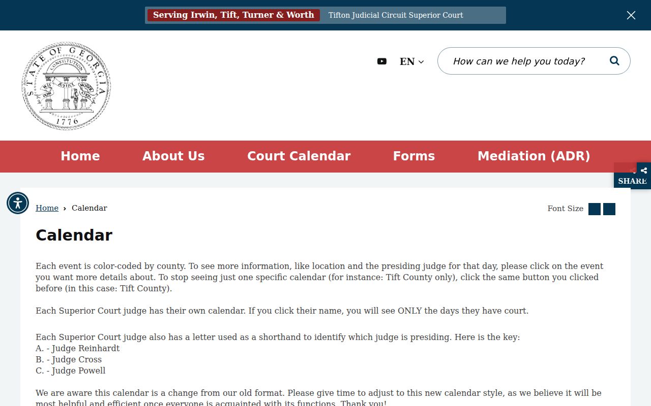 Worth County court schedule calendar interface