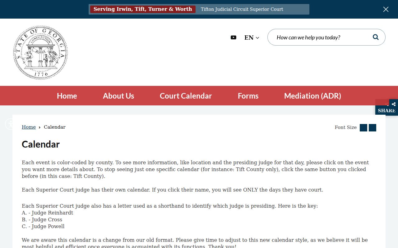 Worth County court schedule Worth-only calendar filter