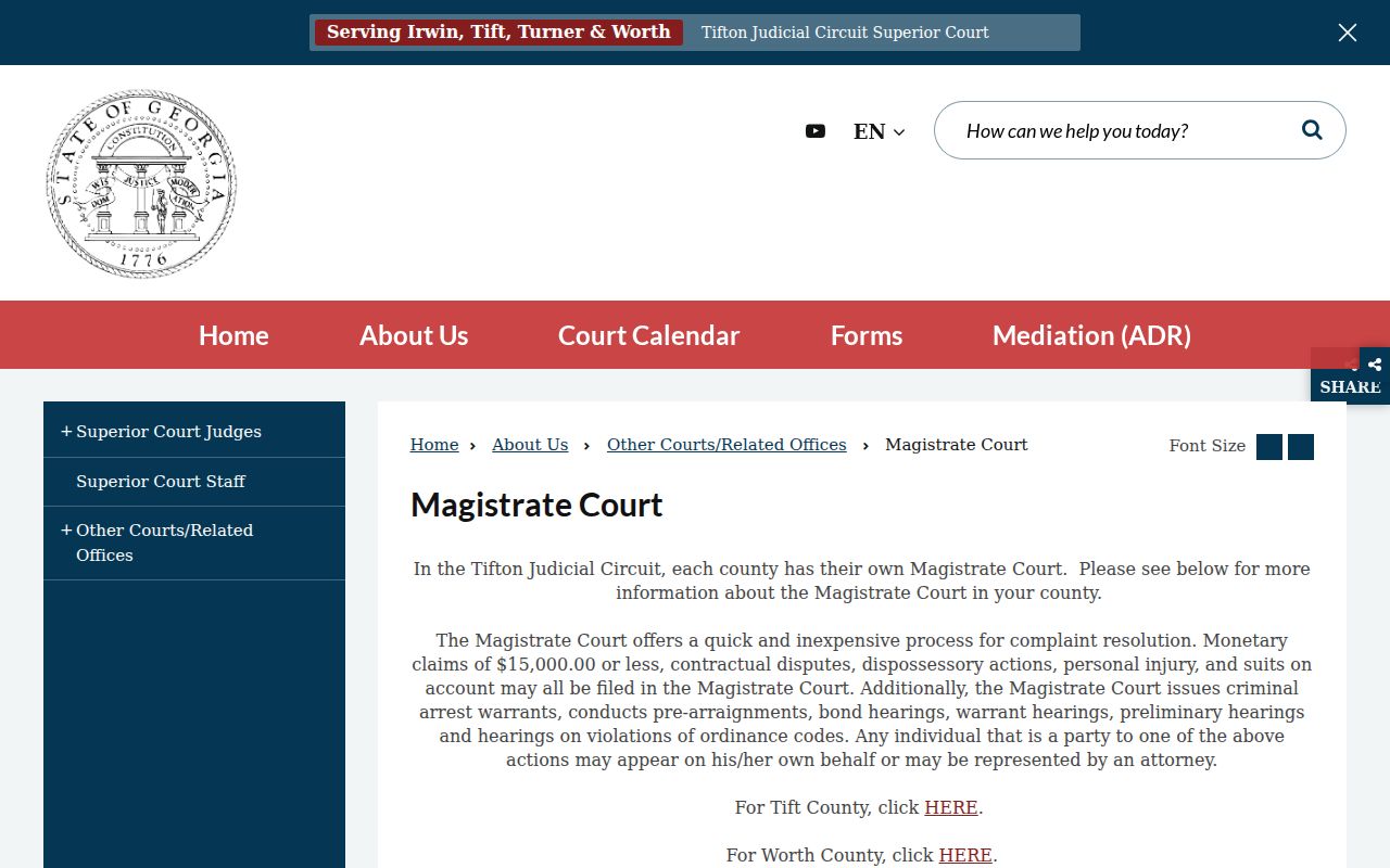 Worth County civil court dockets Magistrate Court information