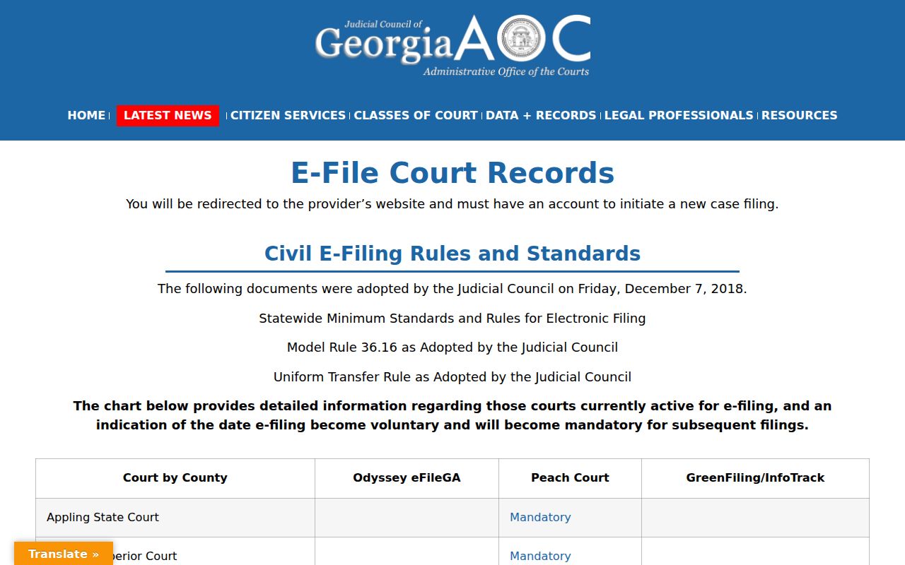 Worth County traffic court Georgia e-filing table